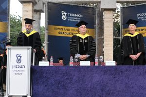 From right to left: Dean of the Jacobs Graduate School Prof. Uri Peskin, Technion President Prof. Uri Sivan, and the ceremony host Prof. Irad Yavneh from the Taub Faculty of Computer Science