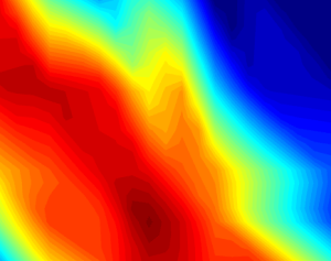 A scan of the efficiency of atomic transfer. The horizontal axis represents the time difference between two pairs of tweezers arriving at their closest point, and the vertical axis represents the minimum distance. The color indicates the transfer fidelity