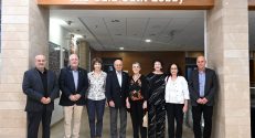 The unveiling ceremony. From right to left: Bezhalel (Butsi) Machlis, CEO and president of Elbit Systems; Uzia Galil's daughters Daniela and Ruth; his widow Ella; former Elbit Chairman Miki Federman; Dean of the Faculty of Electrical Engineering and Computer Science Prof. Idit Keidar; Technion President Prof. Uri Sivan; and Chairman of the Israel Friends of Technion Association Prof. Peretz Lavie