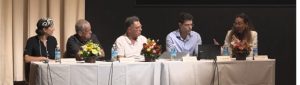 Lecture panel with live classical music: "Music, Science & Inspiration - From the Universal to the Personal." From left to right: Prof. Shulamit Levenberg, Distinguished Prof. Aaron Ciechanover, Distinguished Prof. Moti Segev, Prof. Ido Kaminer, Dr. Orit Wolf.